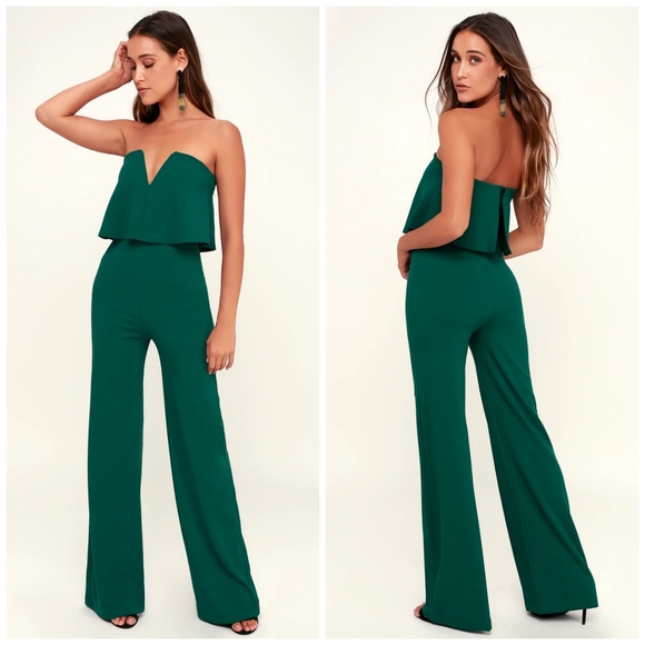 Lulu's Power Of Love Emerald Green Strapless Jumpsuit - Picture 1 of 7